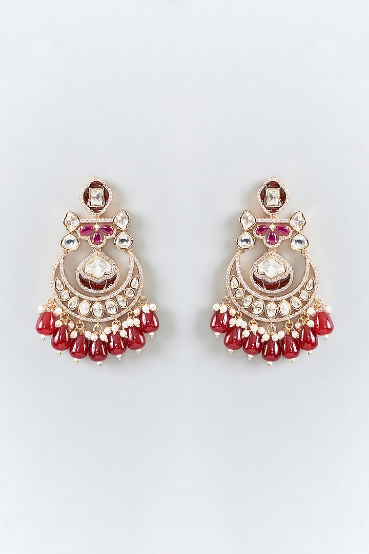 Gold Finish Kundan Polki & Red Stone Dangler Earrings by 20AM at Pernia's Pop Up Shop