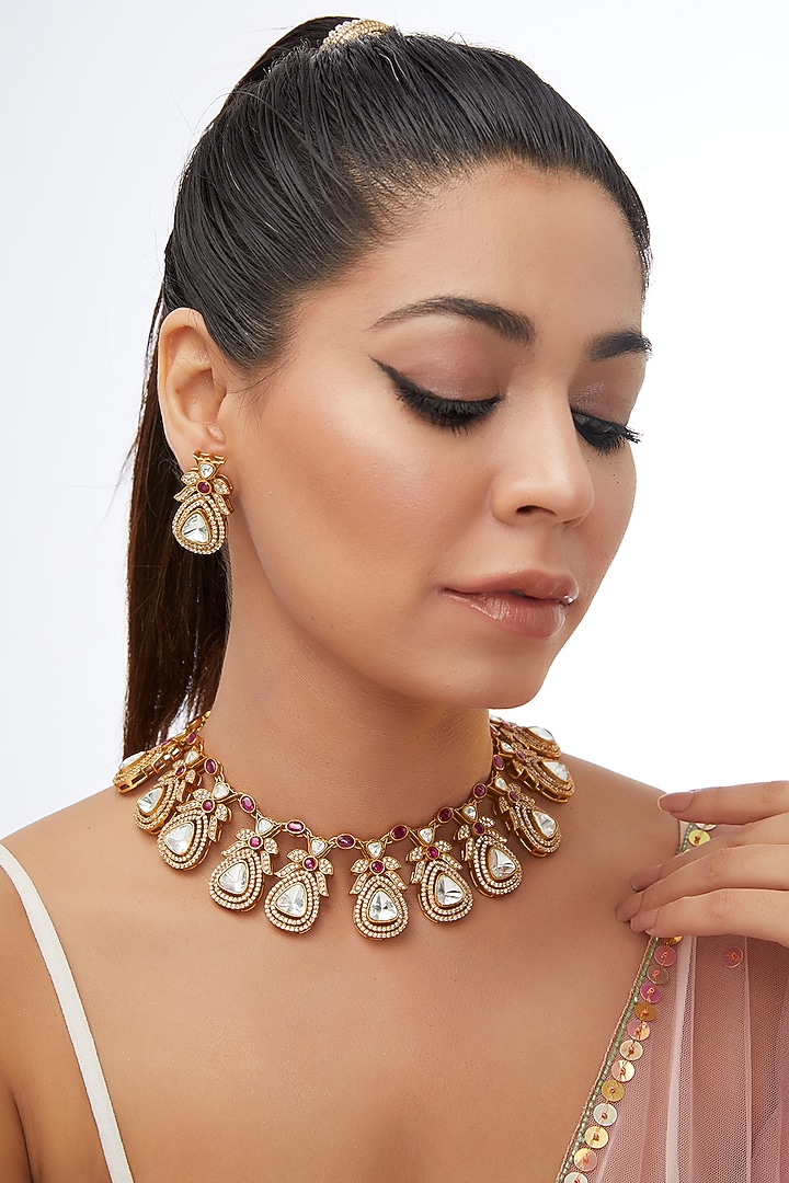 Gold Finish Kundan Polki & Zircon Choker Necklace Set by 20AM at Pernia's Pop Up Shop