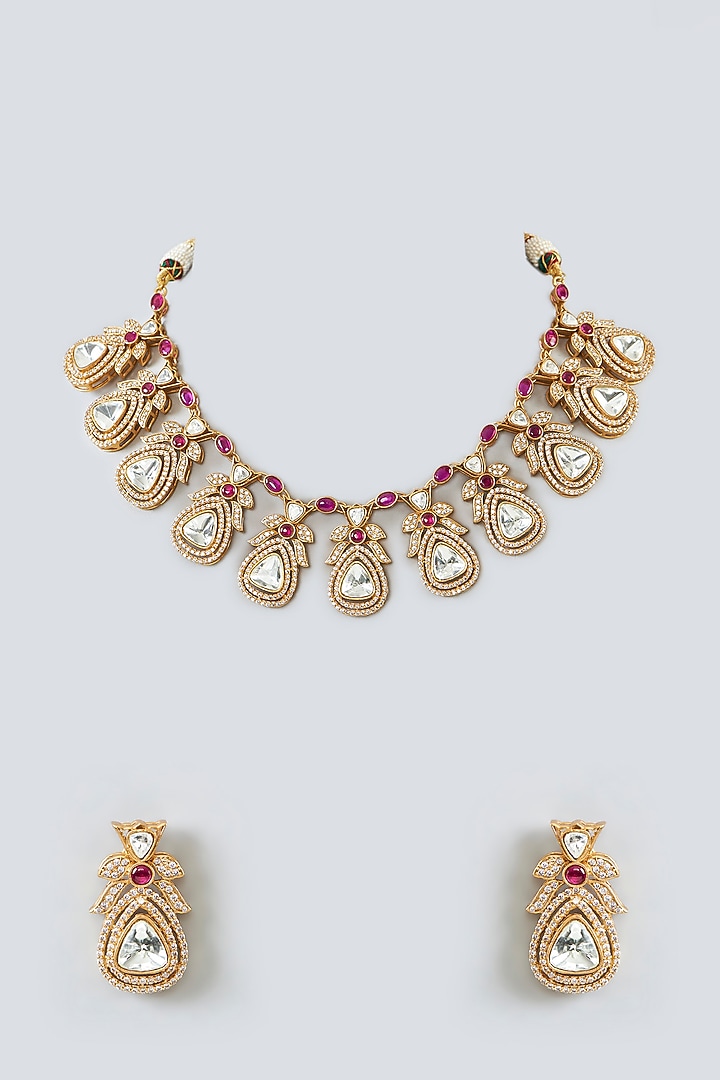 Gold Finish Kundan Polki & Zircon Choker Necklace Set by 20AM at Pernia's Pop Up Shop