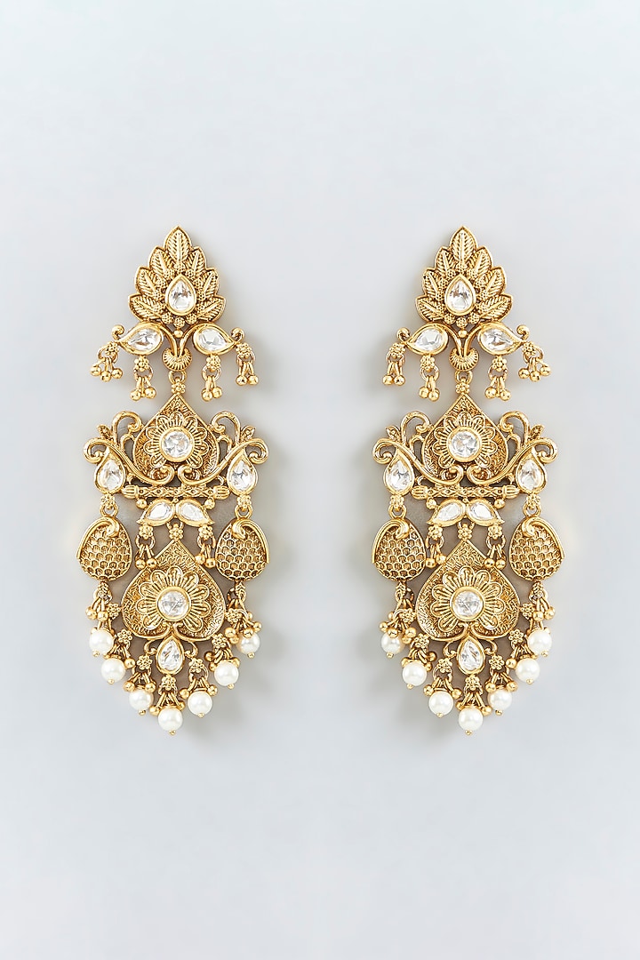 Gold Finish Pearl & White Stone Temple Dangler Earrings by 20AM at Pernia's Pop Up Shop