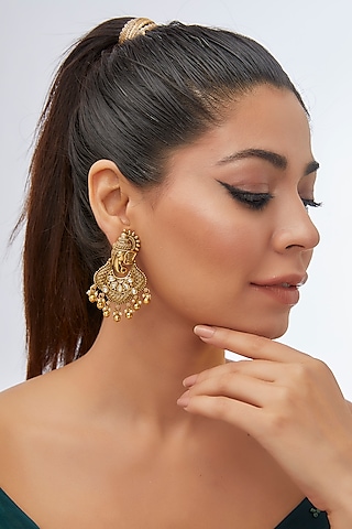 Gold Finish Pearl & White Stone Temple Dangler Earrings by 20AM
