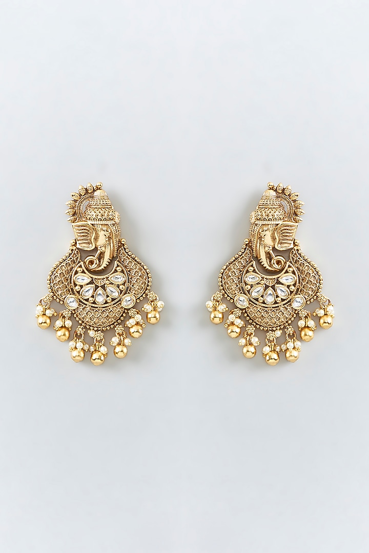 Gold Finish Pearl & White Stone Temple Dangler Earrings by 20AM at Pernia's Pop Up Shop