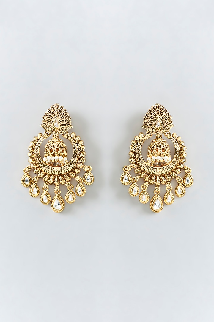 Gold Finish Kundan Polki & Pearl Chandbali Earrings by 20AM at Pernia's Pop Up Shop