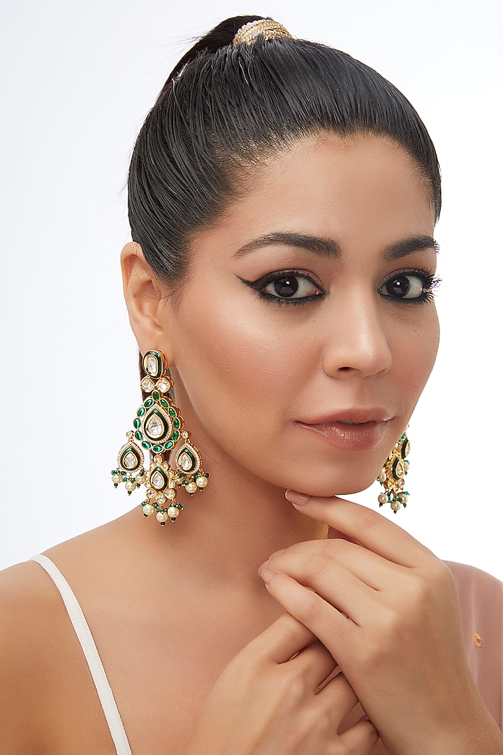 Gold Finish Kundan Polki & Green Stone Enamaled Dangler Earrings by 20AM at Pernia's Pop Up Shop