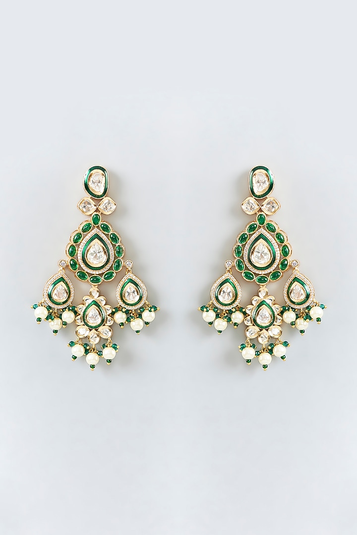 Gold Finish Kundan Polki & Green Stone Enamaled Dangler Earrings by 20AM at Pernia's Pop Up Shop