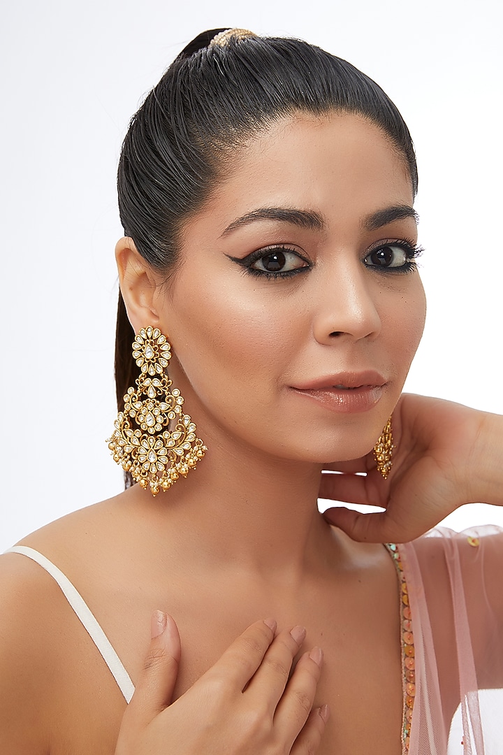 Gold Finish Kundan Polki & White Stone Dangler Earrings by 20AM at Pernia's Pop Up Shop