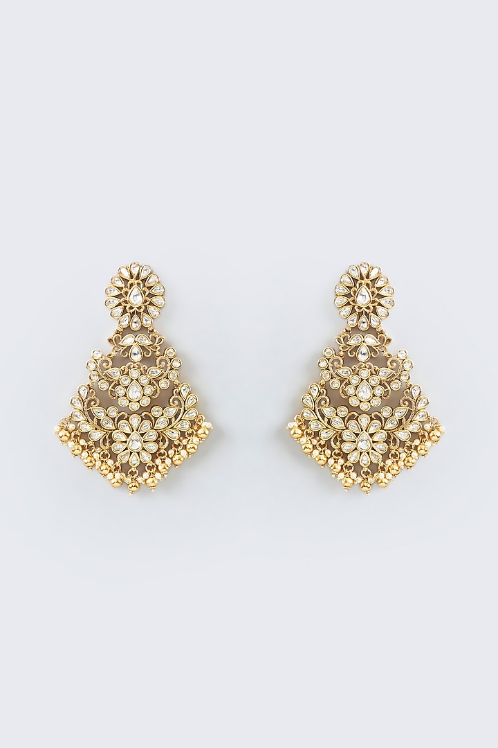 Gold Finish Kundan Polki & White Stone Dangler Earrings by 20AM at Pernia's Pop Up Shop