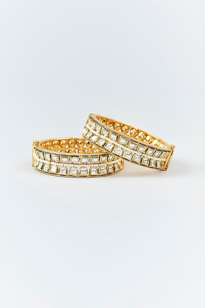 Gold Finish Kundan Polki & Pearl Bangles (Set Of 2) by 20AM at Pernia's Pop Up Shop