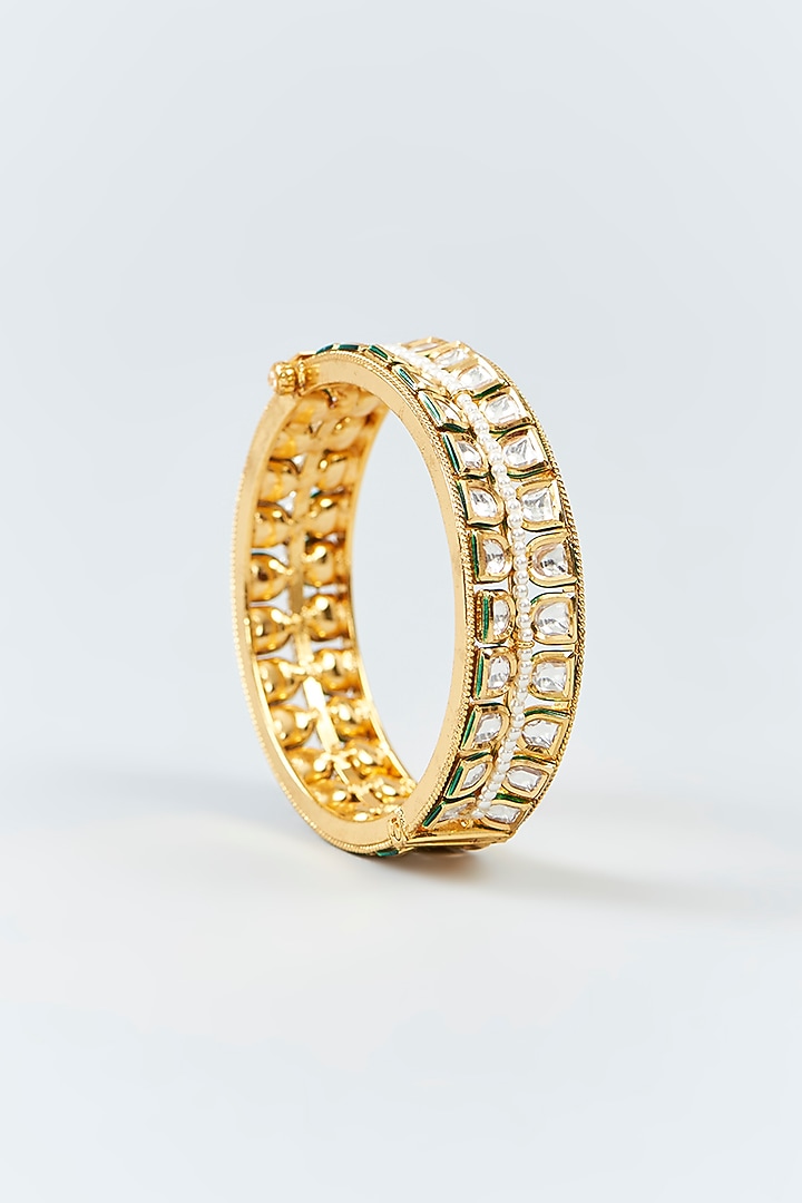 Gold Finish Kundan Polki & Pearl Bangles (Set Of 2) by 20AM at Pernia's Pop Up Shop