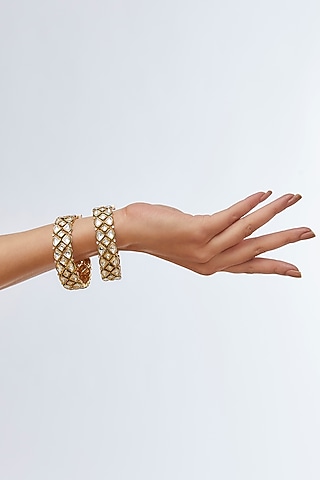 Gold Finish White Kundan Polki Meenakari Bangles (Set Of 2) by 20AM