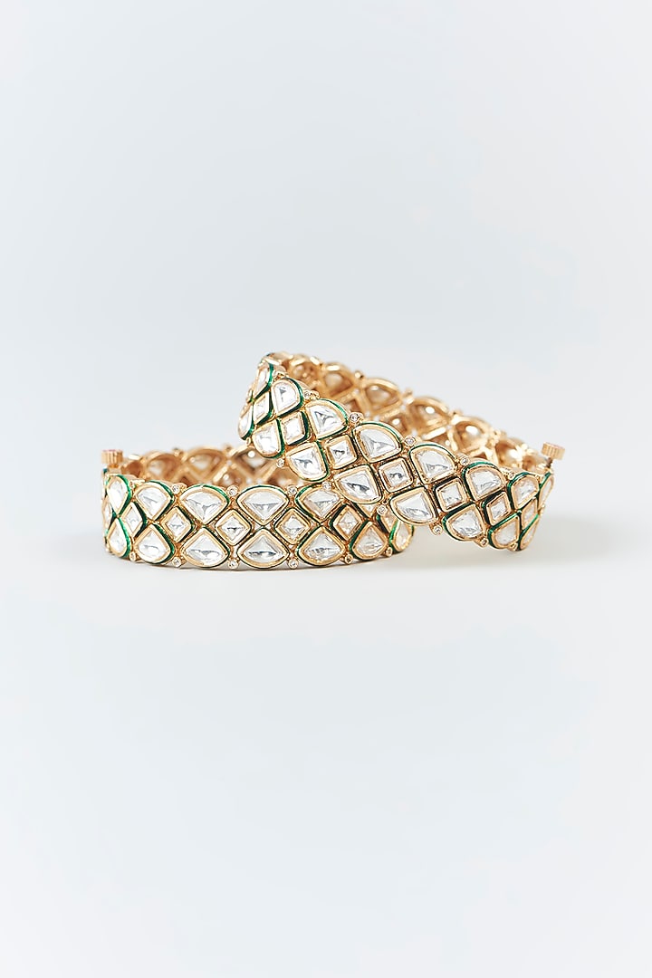 Gold Finish White Kundan Polki Meenakari Bangles (Set Of 2) by 20AM at Pernia's Pop Up Shop