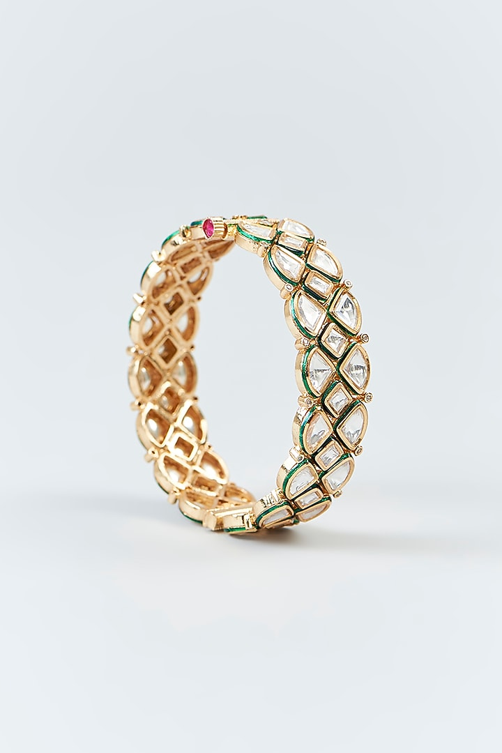 Gold Finish White Kundan Polki Meenakari Bangles (Set Of 2) by 20AM at Pernia's Pop Up Shop