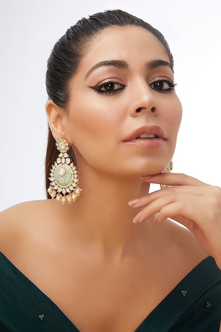 Rose Gold Finish Kundan Polki & Beaded Meenakari Dangler Earrings by 20AM at Pernia's Pop Up Shop