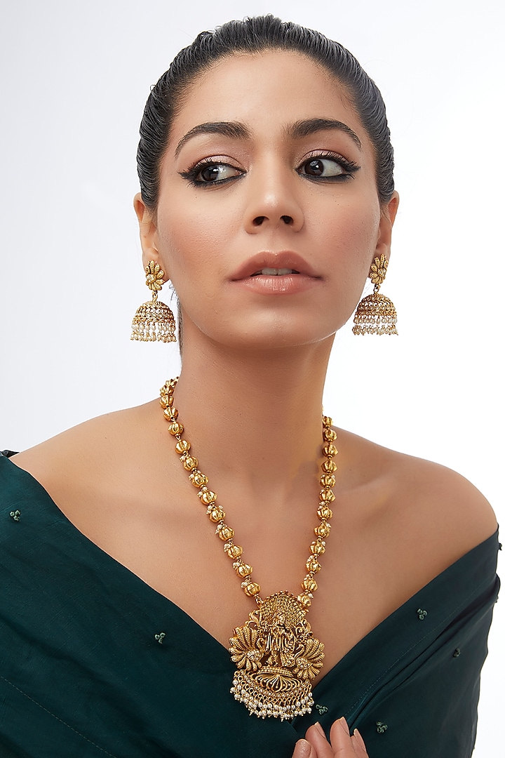 Gold Finish Motif & Pearl Temple Necklace Set by 20AM at Pernia's Pop Up Shop