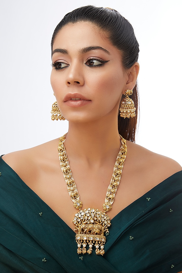 Gold Finish Pearl & Green Stone Long Necklace Set by 20AM at Pernia's Pop Up Shop