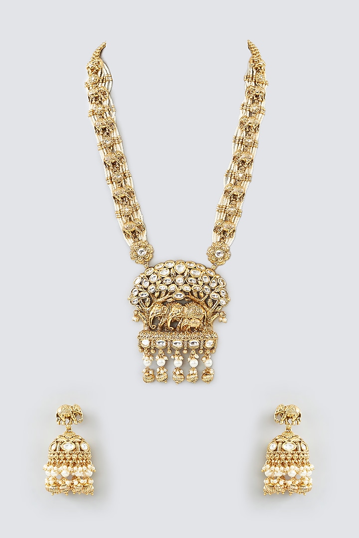 Gold Finish Pearl & Green Stone Long Necklace Set by 20AM at Pernia's Pop Up Shop