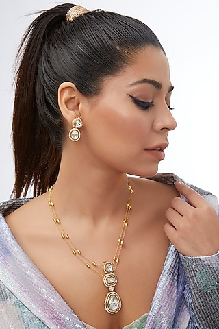 Gold Finish Kundan Polki & Zircon Long Necklace Set by 20AM