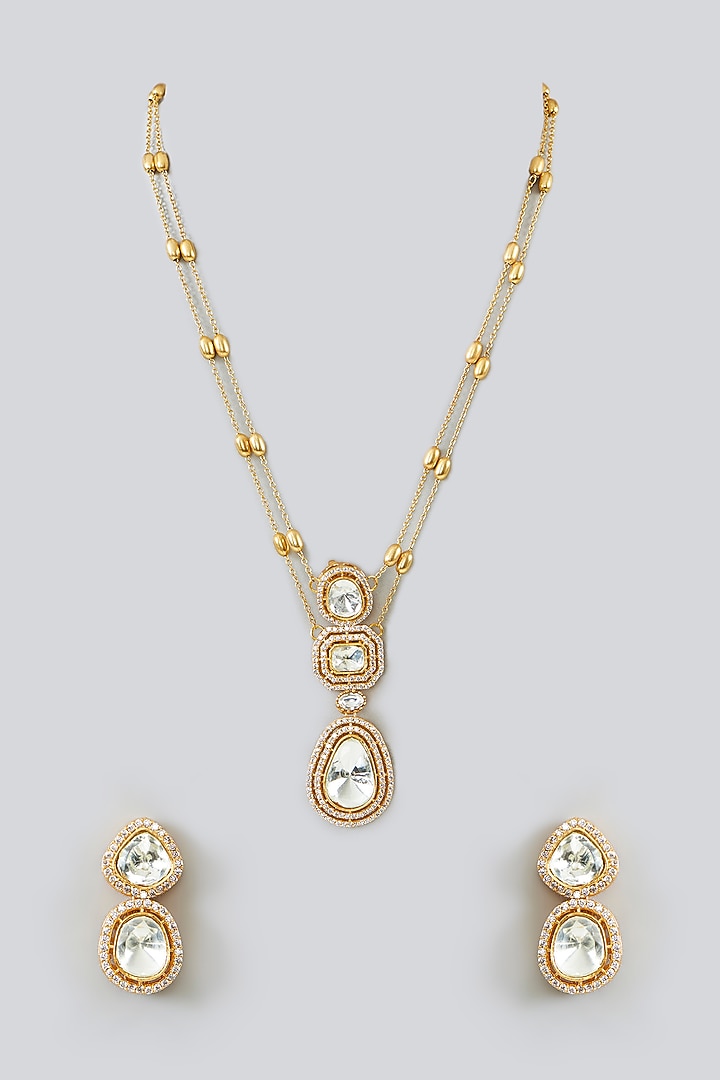 Gold Finish Kundan Polki & Zircon Long Necklace Set by 20AM at Pernia's Pop Up Shop