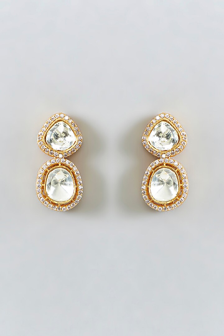 Gold Finish Kundan Polki & Zircon Long Necklace Set by 20AM at Pernia's Pop Up Shop
