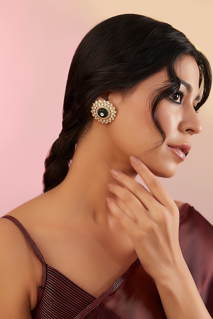 Gold Finish Blue Stone & Kundan Polki Stud Earrings by 20AM at Pernia's Pop Up Shop