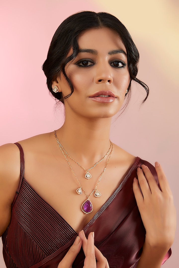 Rose Gold Finish Purple Stone & Kundan Polki Necklace Set by 20AM at Pernia's Pop Up Shop