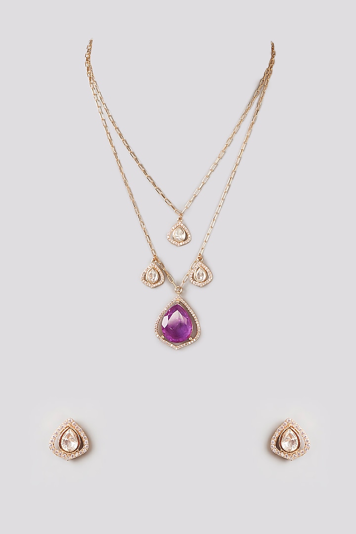 Rose Gold Finish Purple Stone & Kundan Polki Necklace Set by 20AM at Pernia's Pop Up Shop