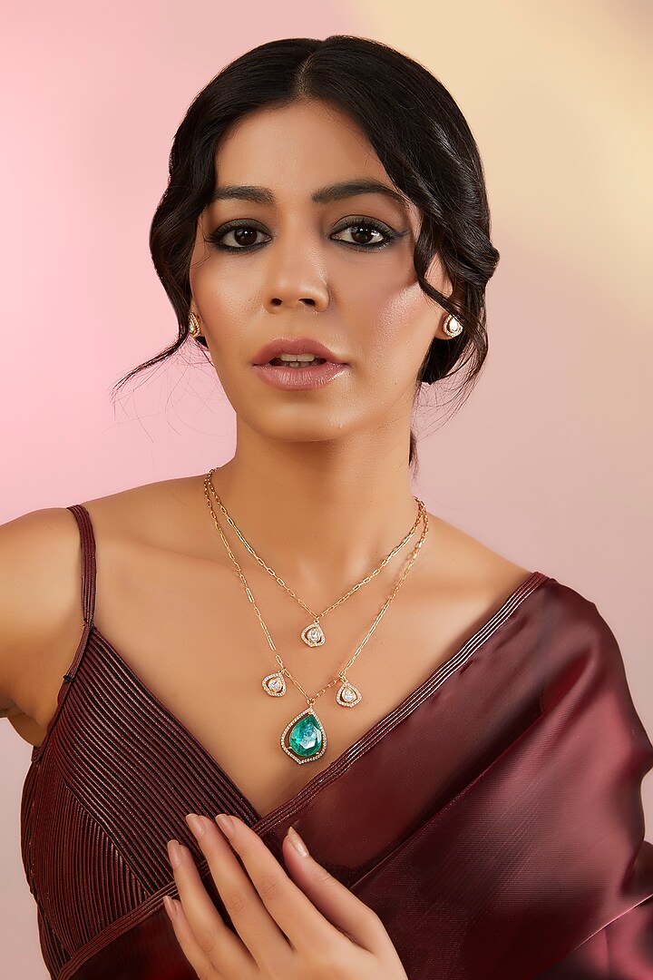 Gold Finish Green Stone & Kundan Polki Necklace Set by 20AM at Pernia's Pop Up Shop