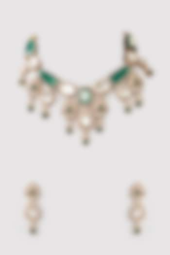 Gold Finish Kundan Polki & Green Stone Necklace Set by 20AM