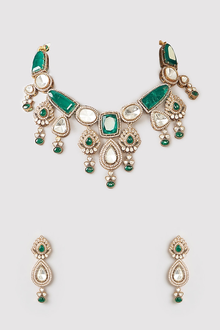 Gold Finish Kundan Polki & Green Stone Necklace Set by 20AM