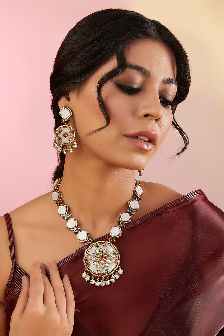 Gold Finish Kundan Polki & Mother Of Pearl Long Necklace Set by 20AM at Pernia's Pop Up Shop