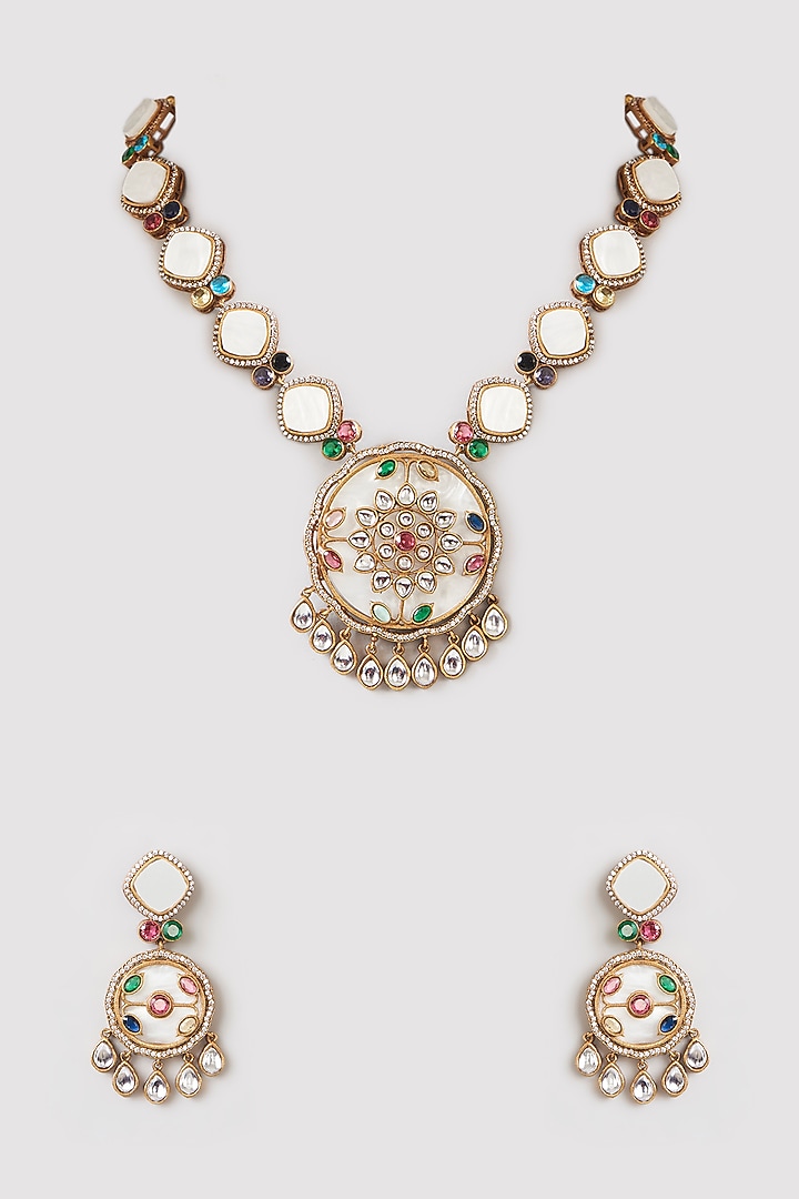 Gold Finish Kundan Polki & Mother Of Pearl Long Necklace Set by 20AM at Pernia's Pop Up Shop