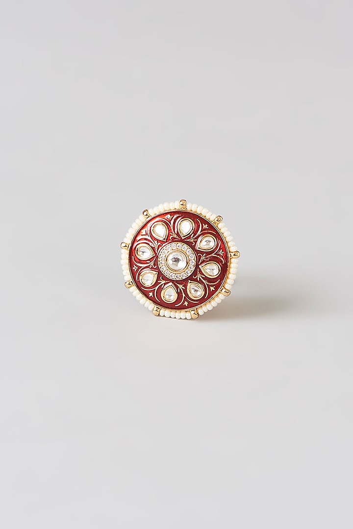 Gold Finish Kundan Polki & Pearl Enamelled Ring by 20AM at Pernia's Pop Up Shop