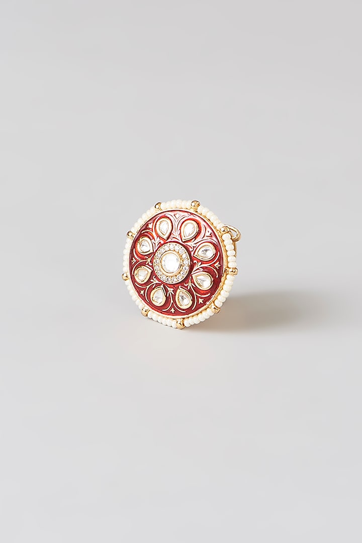 Gold Finish Kundan Polki & Pearl Enamelled Ring by 20AM at Pernia's Pop Up Shop