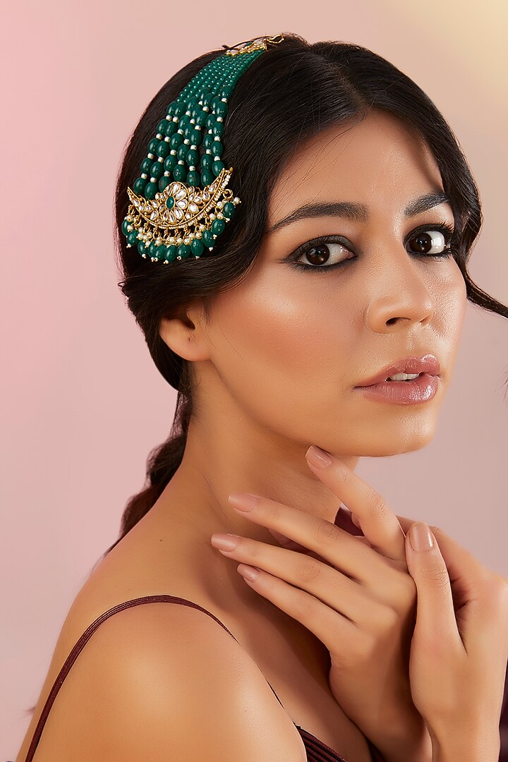 Gold Finish Kundan Polki & Green Stone Pasa by 20AM at Pernia's Pop Up Shop