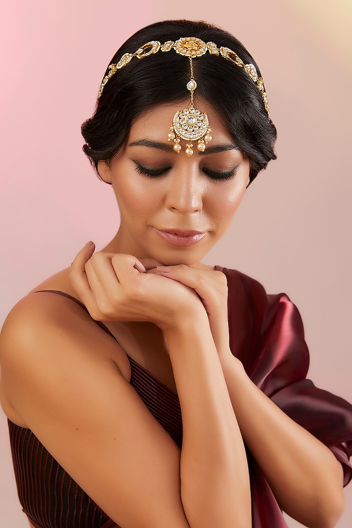 Gold Finish Kundan Polki & Pearl Beaded Mathapatti by 20AM at Pernia's Pop Up Shop
