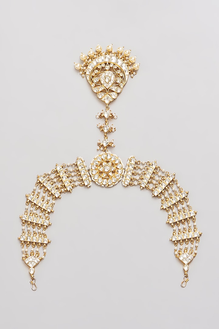 Gold Finish Kundan Polki & Pearl Beaded Mathapatti by 20AM at Pernia's Pop Up Shop