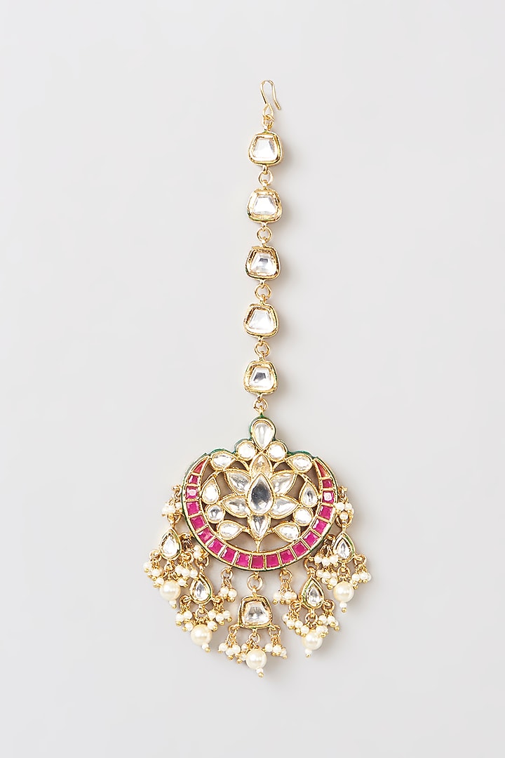 Gold Finish Kundan Polki & Red Stone Maangtikka by 20AM at Pernia's Pop Up Shop
