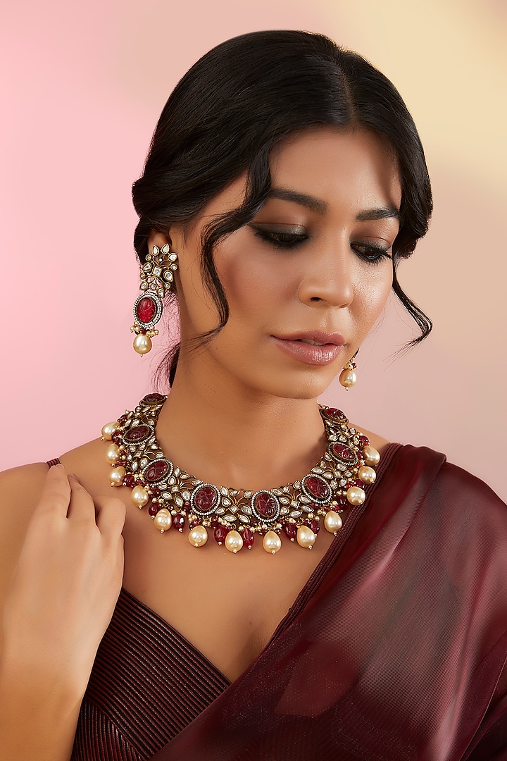 Gold Finish Kundan Polki & Red Stone Necklace Set by 20AM at Pernia's Pop Up Shop