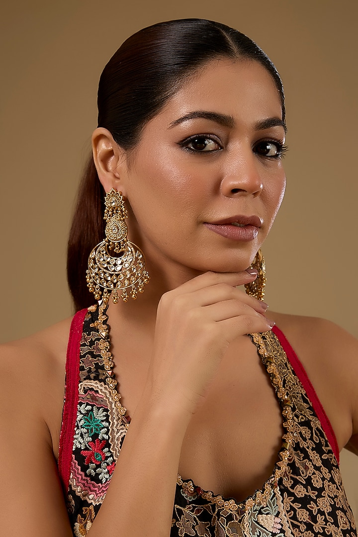 Gold Finish Kundan Polki Floral Chandbali Earrings by 20AM at Pernia's Pop Up Shop
