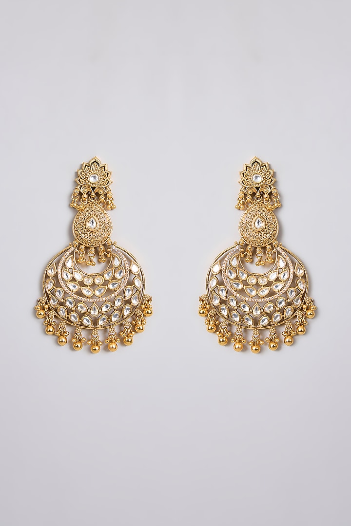 Gold Finish Kundan Polki Floral Chandbali Earrings by 20AM at Pernia's Pop Up Shop