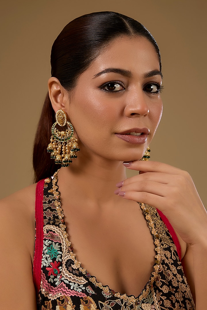 Gold Finish Kundan Polki & Green Gemstone Temple Chandbali Earrings by 20AM at Pernia's Pop Up Shop