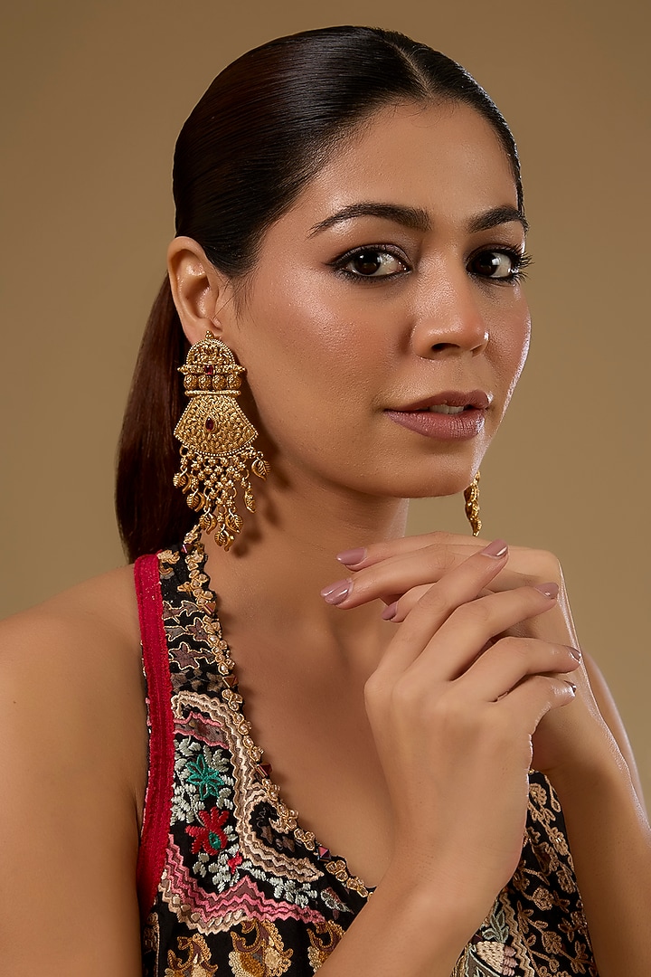 Gold Finish Kundan Polki & Ruby Gemstone Temple Dangler Earrings by 20AM at Pernia's Pop Up Shop