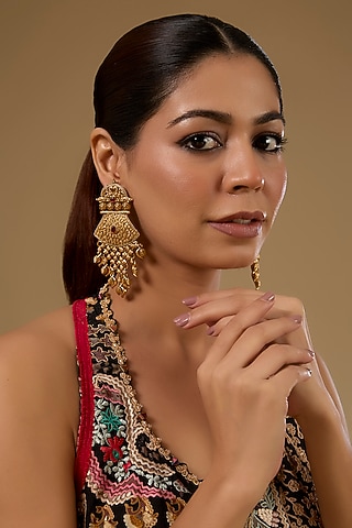 Gold Finish Kundan Polki & Ruby Gemstone Temple Dangler Earrings by 20AM