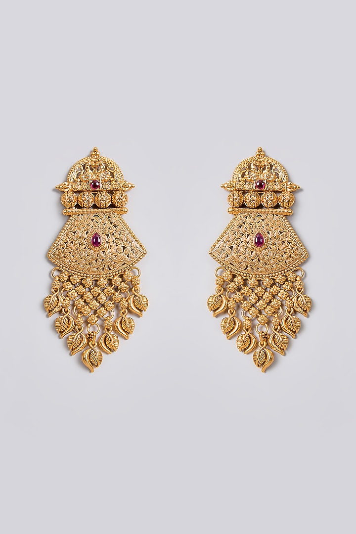 Gold Finish Kundan Polki & Ruby Gemstone Temple Dangler Earrings by 20AM at Pernia's Pop Up Shop