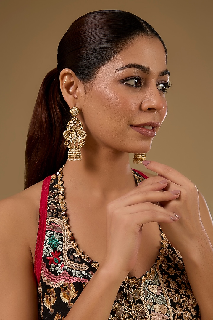 Gold Finish Kundan Polki & Pearl Bell-Shaped Dangler Earrings by 20AM at Pernia's Pop Up Shop