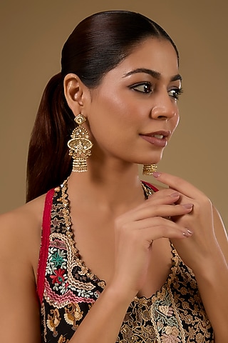 Gold Finish Kundan Polki & Pearl Bell-Shaped Dangler Earrings by 20AM