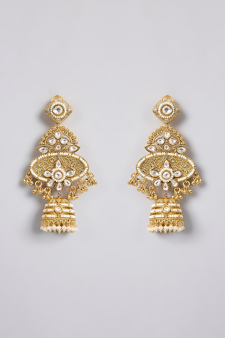 Gold Finish Kundan Polki & Pearl Bell-Shaped Dangler Earrings by 20AM at Pernia's Pop Up Shop