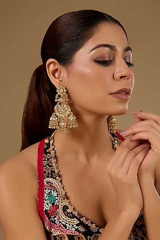 Gold Finish Kundan Polki Floral Chandbali Earrings by 20AM
