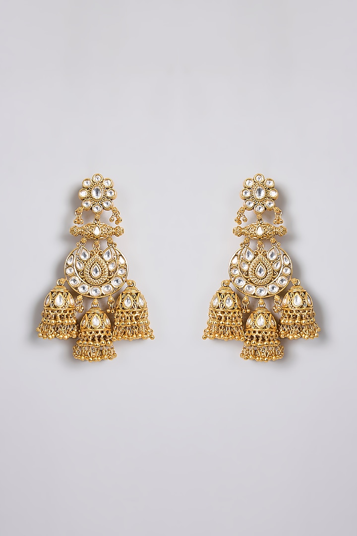 Gold Finish Kundan Polki Floral Chandbali Earrings by 20AM at Pernia's Pop Up Shop