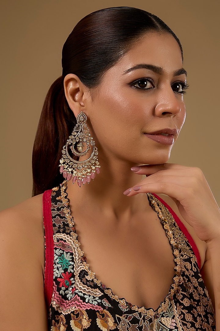 Black Rhodium Finish Kundan Polki & Pink Beaded Chandbali Earrings by 20AM at Pernia's Pop Up Shop